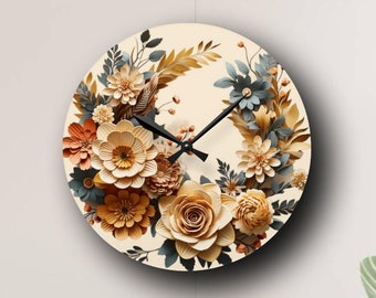 Artistic 3D Wall Clock with Delicate Florals - Round Decorative Timepiece - Elevate Your Living Space - Thoughtful Anniversary Gift