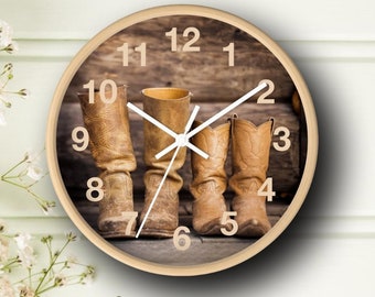 Country Decor Cowboy Boots Clock - Farmhouse Themed Wall Timepiece, Decorative Ranch Style Decor, Great Gift for Rural Dwellers