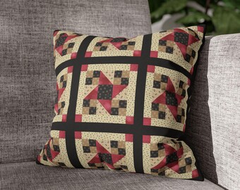 Funda de almohada cuadrada con diseño de bloques de edredón: decoración con diseño de edredón campestre, decoración con núcleo de cabaña, funda de almohada geométrica, decoración de hogar y sala de estar de estilo rústico