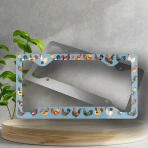 Rustic Chickens License Plate Frame - Blue Background, Novelty License Plate Cover, Vibrant Glossy Finish, License Plate Frame, Automotive