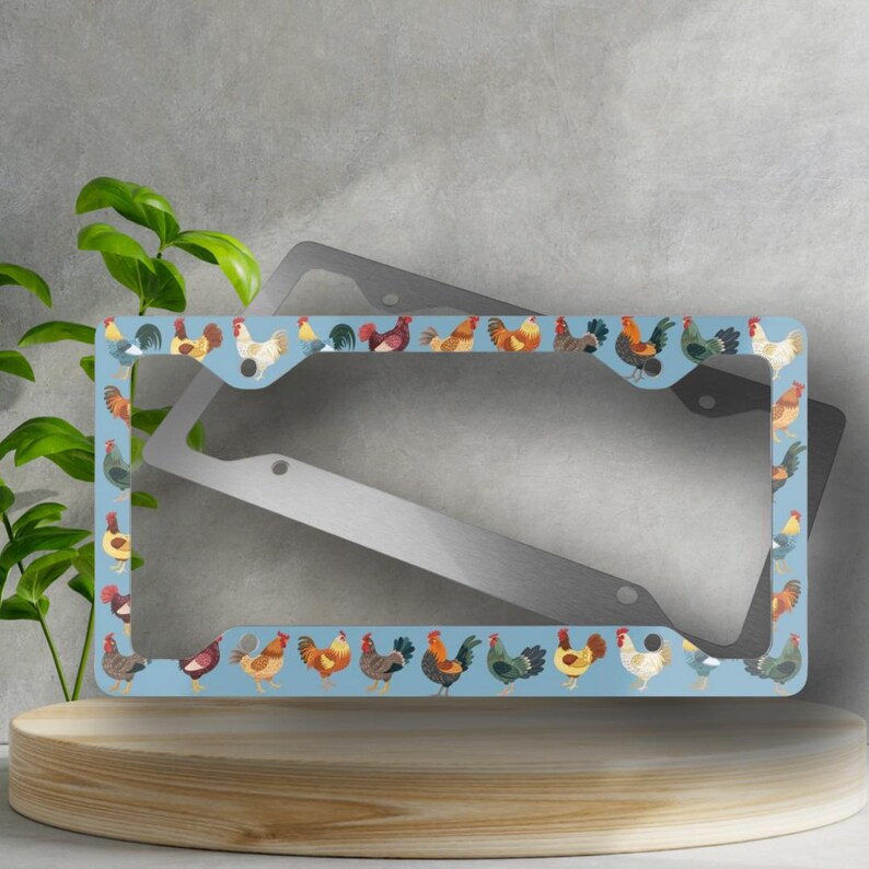 Rustic Chickens License Plate Frame - Blue Background, Novelty License Plate Cover, Vibrant Glossy Finish, License Plate Frame, Automotive