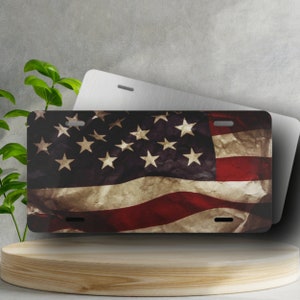 Rustic American Flag Vanity Plate - USA Flag License Plate, Brushed Aluminum Front Car Plate, Patriotic Vanity Plate, Car Accessories