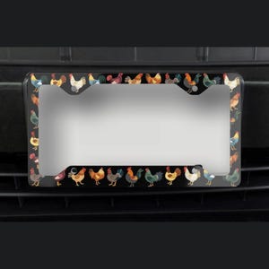 May include: Black license plate frame with a repeating pattern of colorful rooster illustrations. The roosters are in various poses and colors, including red, yellow, blue, and green. The frame has a glossy finish.
