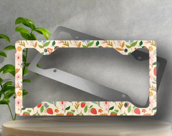 Strawberry Floral Metal License Plate Frame - Novelty License Plate Cover, Glossy Finish, Cottage Core License Plate Frame, Car Accessory