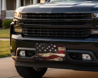 Targa decorativa rustica con bandiera americana - Targa con bandiera USA, targa anteriore per auto in alluminio spazzolato, targa decorativa patriottica, accessori per auto