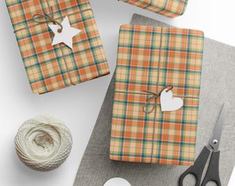 Papel de embrulho xadrez laranja, azul e bege, papel de embrulho rústico, papel de embrulho de Natal, papel de embrulho de aniversário, Cottage Core, rolos e folhas de papel