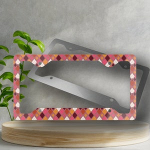 Pink & Orange Diamond Plaid License Plate Frame - Novelty License Plate Cover, Glossy Finish, Print License Plate Frame, Car Accessories