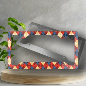 Red & Blue Diamond Plaid License Plate Frame - Novelty License Plate Cover, Glossy Finish, Print License Plate Frame, Automotive Accessory