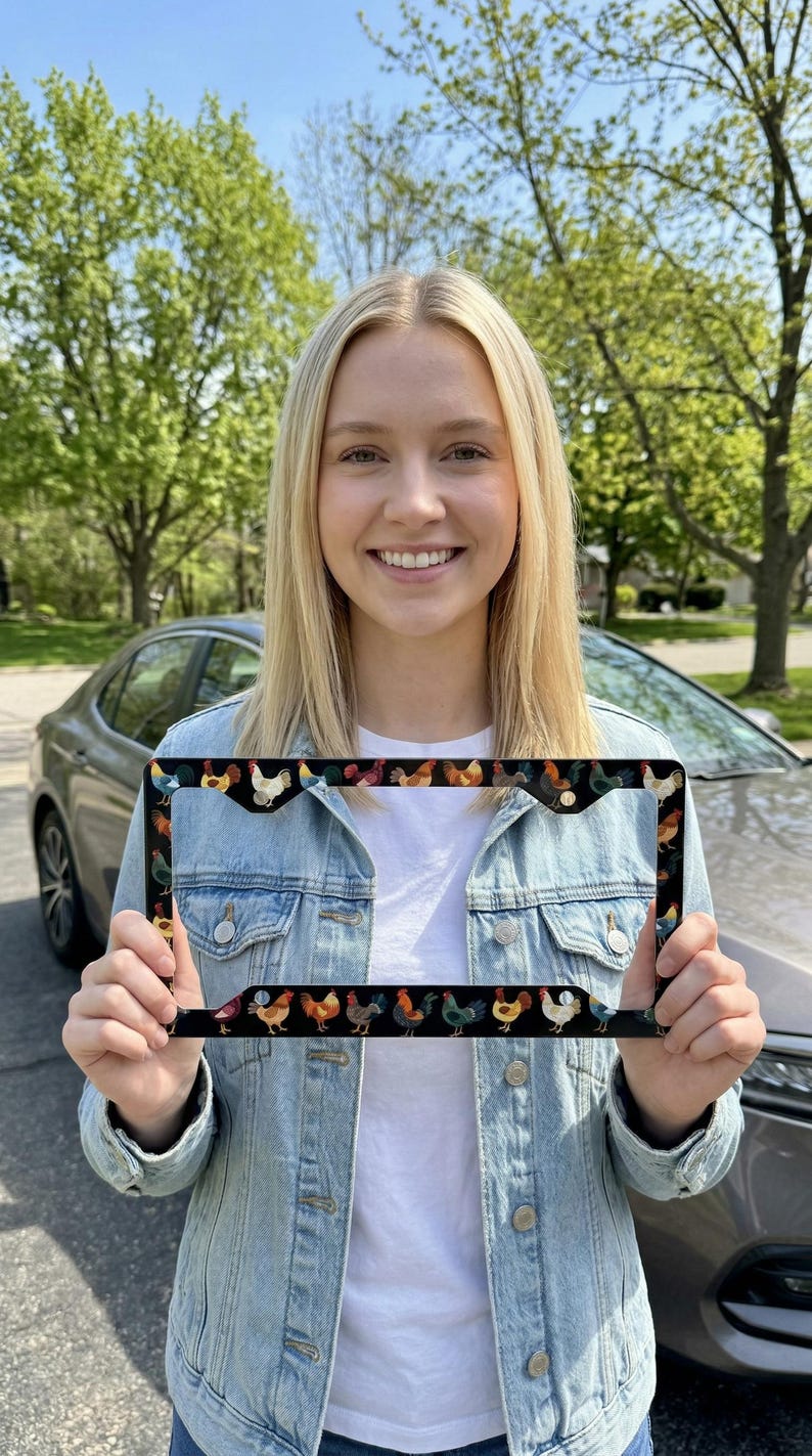 May include: Black license plate frame featuring a repeating pattern of colorful rooster illustrations. The frame is held up in front of a car and a person. The roosters are in various colors, including red, yellow, and blue.