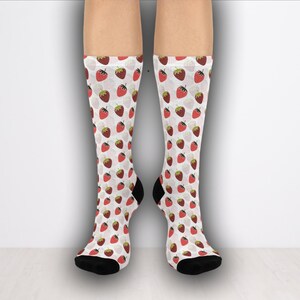 Strawberry Cushioned Crew Socks - Cottage Core Socks, Strawberry-Themed Country Socks, One Size US, Socks for Women, Socks for Men