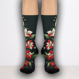 Red & Black Floral Cushioned Crew Socks - Cottage Core Socks, Elegant Socks, One Size US, Socks for Women, Socks for Men