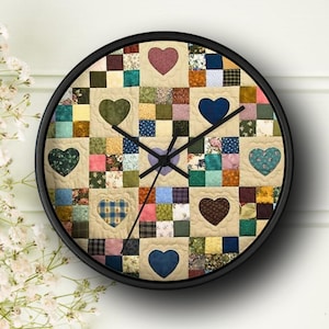 May include: A round wall clock with a black frame and a patchwork quilt design featuring hearts of various colors and patterns. The clock face is white with black hands.
