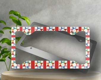 Red Quilt Block Printed Metal License Plate Frame - Novelty License Plate Cover, Glossy Finish, Gift for Quilters and Seamstresses