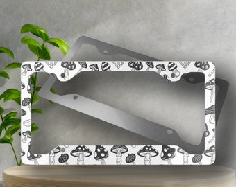 Black & White Mushroom Metal License Plate Frame - Novelty License Plate Cover, Glossy Finish, Mushroom License Plate Frame, Car Accessory