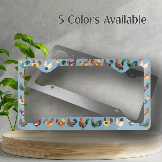 Rustic Chickens License Plate Frame - Blue Background, Novelty License Plate Cover, Vibrant Glossy Finish, License Plate Frame, Automotive