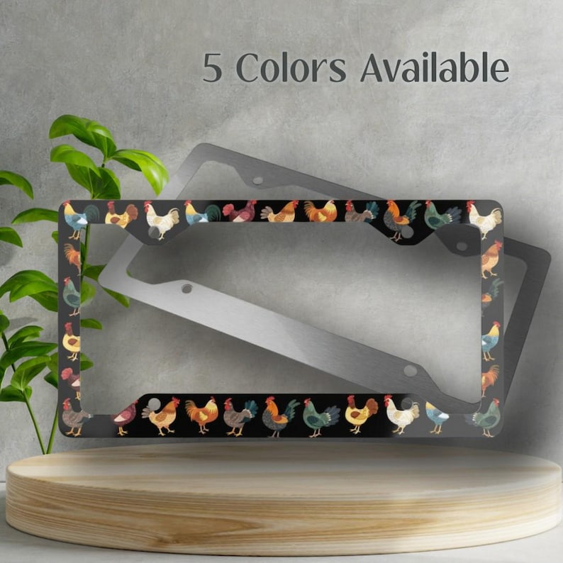 Rustic Chickens License Plate Frame - Black Background, Novelty License Plate Cover, Vibrant Glossy Finish, License Plate Frame, Automotive, five colors