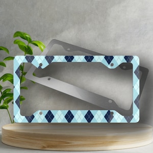 Blue Diamond Plaid License Plate Frame - Novelty License Plate Cover, Glossy Finish, Print License Plate Frame, Car Accessory, Automotive