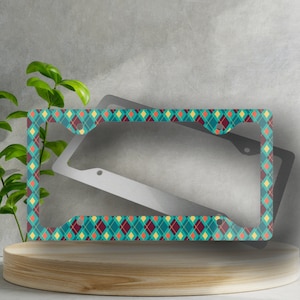 Aqua Diamond Plaid License Plate Frame - Novelty License Plate Cover, Glossy Finish, License Plate Frame, Automotive Accessory,Car Accessory