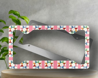 Pink Quilt Block Printed Metal License Plate Frame - Novelty License Plate Cover, Glossy Finish, Gift for Quilters and Seamstresses