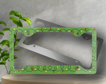 Holiday Lights Metal License Plate Frame - Green Novelty License Plate Cover, Glossy Finish, Christmas Lights License Plate Frame,Automotive