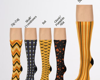 Striped Orange & Black Cushioned Crew Socks - Cottage Core Fall Novelty Socks, US One Size, Halloween Socks for Women, Crew Socks for Men
