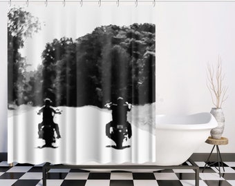 Motorcycle Lover's Shower Curtain in Black/White - Stylish Bathroom Decor, Perfect Gift for Riding Couples, Wedding Gift