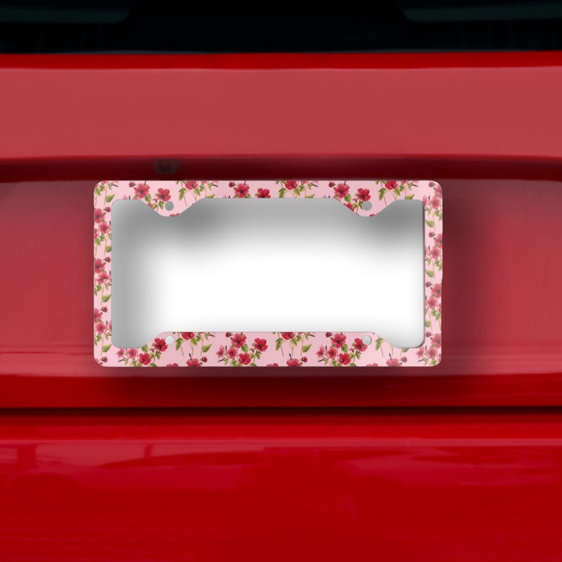 Op de afbeelding: Een roze en rode bloemen kentekenplaathouder met een zilveren metalen frame. De houder is ontworpen om te passen op een standaard Nederlands kenteken.