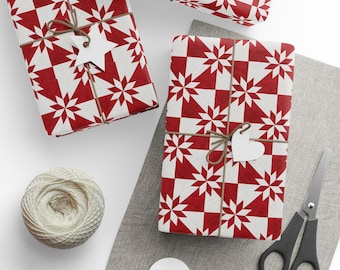 Jägerstern Geschenkverpackung, Quiltblock, Geschenkpapier, Weihnachten, Geburtstagspapier, Cottage Core, Rot Weiß, Papierrollen & -bögen