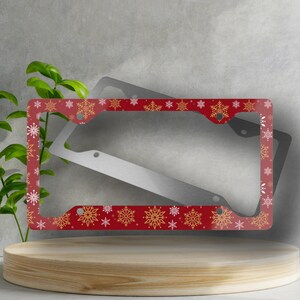 Red Snowflake License Plate Frame - Novelty License Plate Cover, Glossy Finish, Holiday Plate Frame, Christmas Automotive Accessory, Car