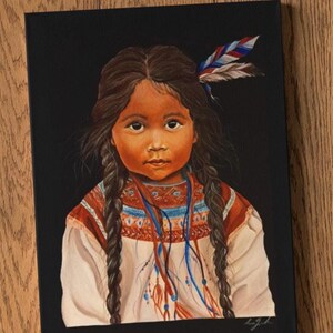 Inocencia del nativo: retrato acrílico 50x70. Niña nativa americana valiente y tímida.