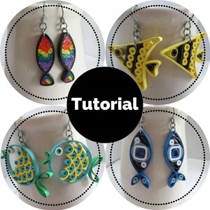 May include: Four pairs of colorful fish-shaped earrings made with paper quilling. The earrings are displayed on a white surface with the word "Tutorial" in black text.