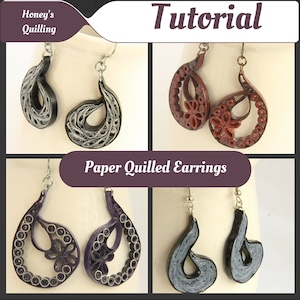 May include: Four pairs of paper quilled earrings in different colors and designs. The earrings are all in the shape of a teardrop with a flower design in the center. The colors are black, gray, purple, and red.