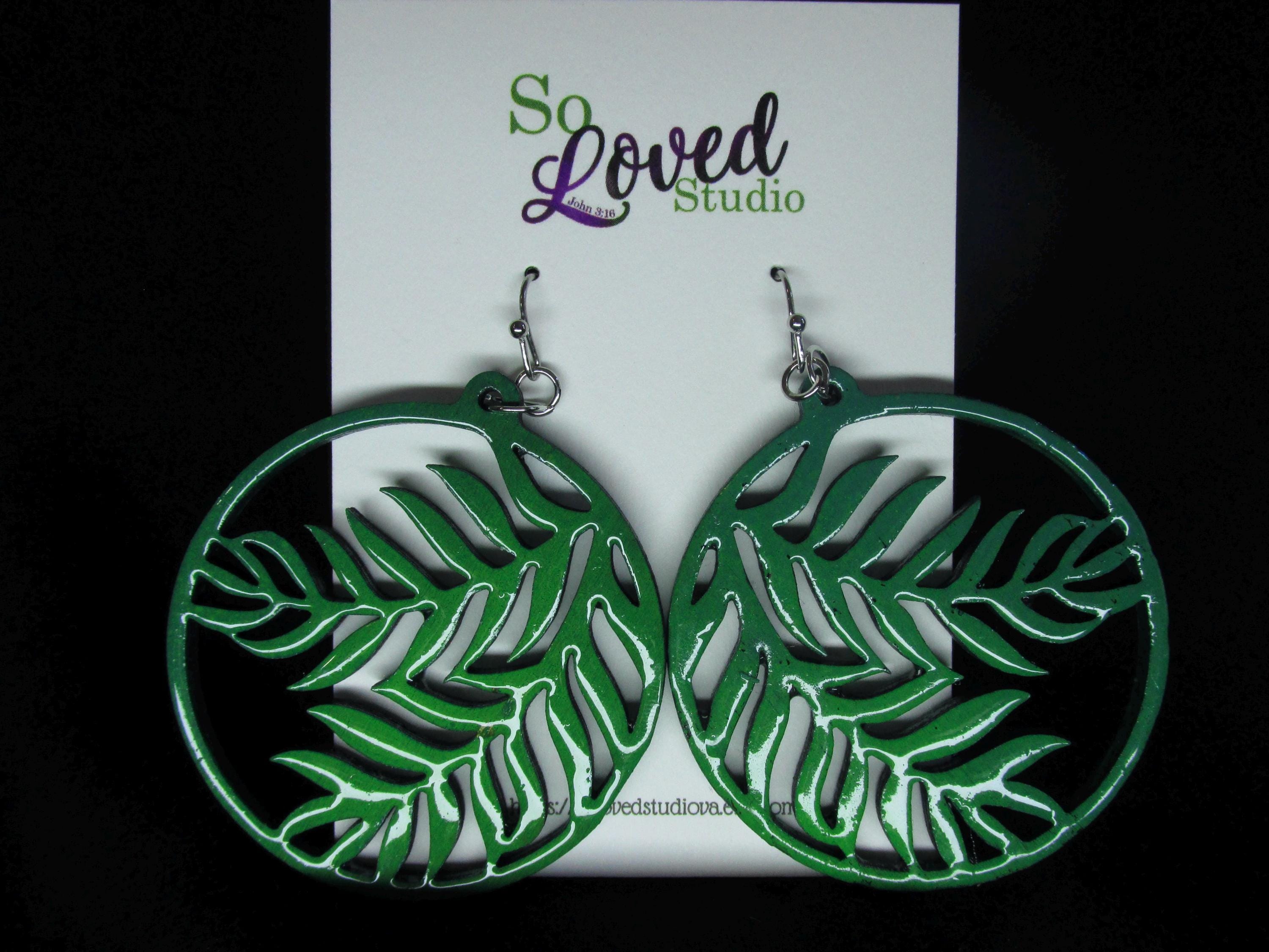 Boucles D'oreilles Artisanales Palmier - Vert Et Doré - Fabriquées En France - Légères