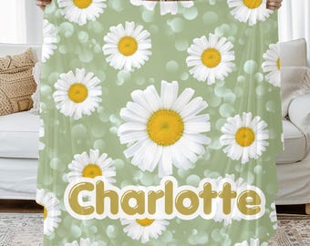 Personalized Daisy Velveteen Blanket, Green Floral Throw, Gift for her