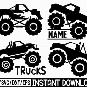 Op de afbeelding: Zwarte silhouetontwerpen van monstertrucks met grote banden. Eén truck heeft een vlammenafbeelding. Eén ontwerp bevat het woord "NAME" en een ander het woord "TRUCKS". De onderkant van de afbeelding bevat de tekst "PNG/SVG/DXF/EPS INSTANT DOWNLOAD".