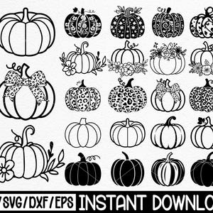 May include: A collection of black and white pumpkin designs. The pumpkins vary in style, including solid outlines, floral patterns, and bow accents. The text at the bottom reads "PNG/SVG/DXF/EPS INSTANT DOWNLOAD".