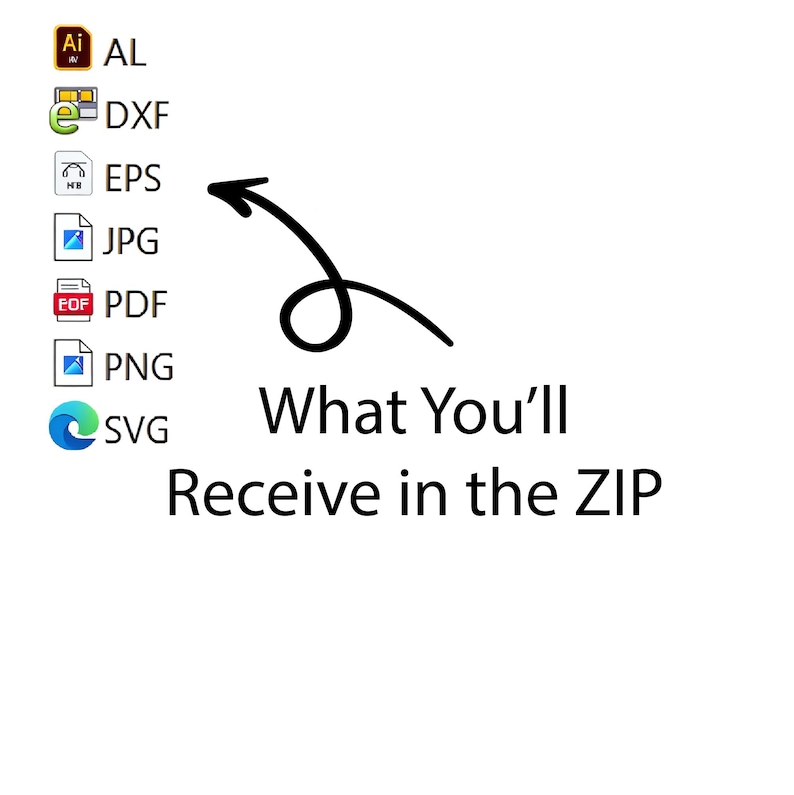May include: A white background with a list of file types including AI, DXF, EPS, JPG, PDF, PNG, and SVG. The text "What You'll Receive in the ZIP" is below the file type icons, with a black arrow pointing towards the text.