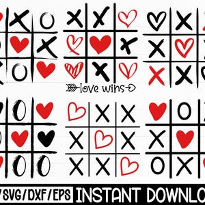 Puede incluir: Un diseño digital con múltiples tableros de tres en raya con corazones, equis y ceros. Se incluye la frase "love wins". El diseño está disponible en formatos PNG, SVG, DXF y EPS para descarga instantánea.