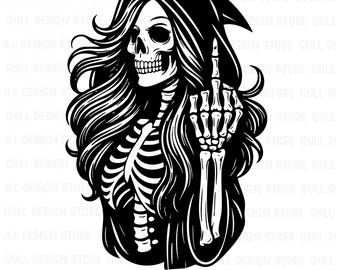 悪魔の女の骸骨 SVG、中指のクリップアート（デジタルダウンロード）