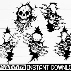 May include: Black and white digital art featuring five skull illustrations breaking through a surface. Each skull has skeletal hands reaching out. The text "PNG/SVG/DXF/EPS INSTANT DOWNLOAD" is at the bottom.
