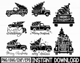 Pacote de Caminhão de Natal Svg, Caminhão de Feliz Natal Svg, Caminhão de Fazenda Vintage Svg, Árvore de Natal Svg, Natal Svg para Cricut, Download Digital