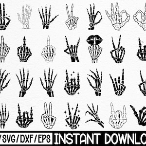 Puede incluir: Ilustraciones en blanco y negro de manos de esqueleto en varias poses. La imagen incluye manos haciendo el signo de la paz, el dedo medio y el signo de 'ok'. El texto en la parte inferior dice 'PNG/SVG/DXF/EPS DESCARGA INSTANTÁNEA'.