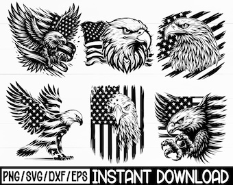 May include: Black and white illustrations of eagles with American flags. The images include detailed drawings of eagles in various poses, some with wings spread and others with the flag incorporated into the design. The text "PNG/SVG/DXF/EPS INSTANT DOWNLOAD" is at the bottom.