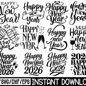 以下が含まれることがあります： 様々なフォントとスタイルでデザインされた、白黒の「新年おめでとう」のデザイン集。シャンパングラス、星、2026年の文字が含まれています。デジタルクラフトプロジェクトに最適です。