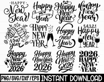 Paquete SVG de Feliz Año Nuevo 2026, Clipart de champán (Descarga digital)
