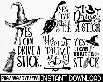 Könnte beinhalten: Schwarz-weiße Halloween-Designs mit Hexenhüten, Besen und dem Text "Yes, I can drive a stick". Enthält Fledermäuse und Sterne. Ideal für Bastelprojekte.