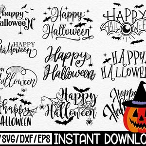 Könnte beinhalten: Eine Sammlung von Halloween-Designs in Schwarz, mit Fledermäusen, Spinnennetzen und dem Schriftzug "Happy Halloween" in verschiedenen Schriftarten. Enthält einen geschnitzten Kürbis mit Hexenhut. Der Text unten lautet "PNG/SVG/DXF/EPS INSTANT DOWNLOAD".