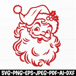 May include: A red illustration of Santa Claus's face, featuring a hat with a pom-pom, a long beard, and a smiling expression. The image includes the text "SVG-PNG-EPS-JPEG-PDF-AI-DXF" at the bottom, indicating file formats.