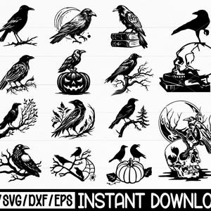 May include: A collection of black raven illustrations in various poses, including perched on branches, pumpkins, and skulls. The designs are in a minimalist style, suitable for Halloween or gothic-themed projects. The text "PNG/SVG/DXF/EPS INSTANT DOWNLOAD" is at the bottom.