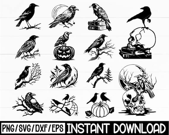 Halloween Raven Skull SVG Bundle, Gothic Crow PNG Clipart (Digital Download)